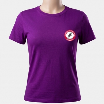 CAMISETA FEMININA ROXA, LOGO EMBORRACHADA