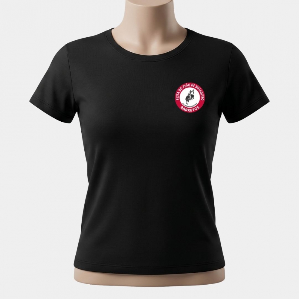 CAMISETA FEMININA PRETA, LOGO EMBORRACHADA