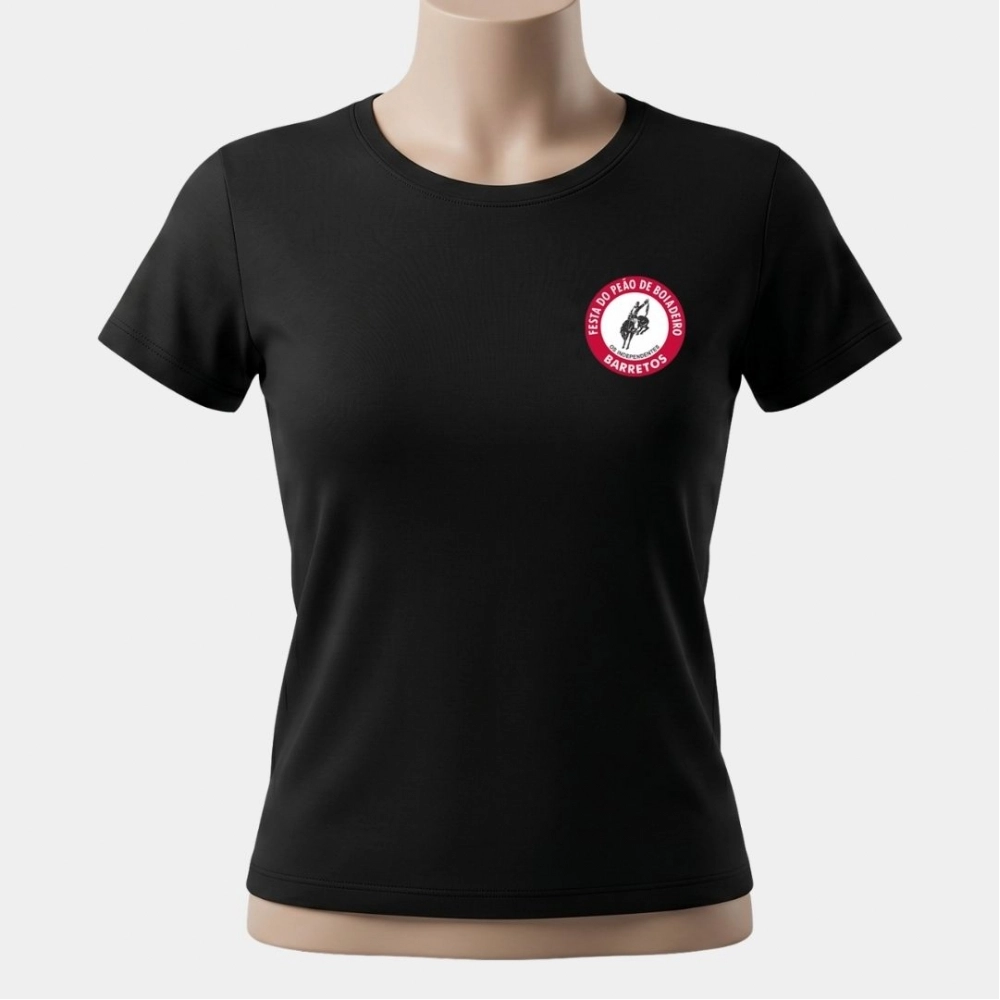 CAMISETA FEMININA PRETA, LOGO EMBORRACHADA